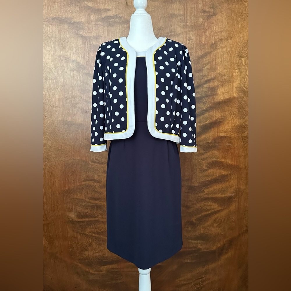 Nicolette Sheath Dress & Jacket Set Womens 8 Navy & White Polka Dots Formal EUC